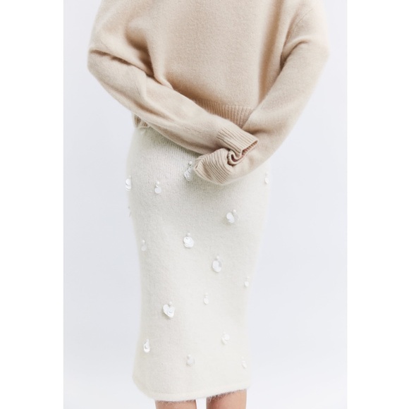 Zara Sequin embroidered Alpaca Blend Knit Pencil Midi Skirt Ecru white S NWT - Picture 7 of 14